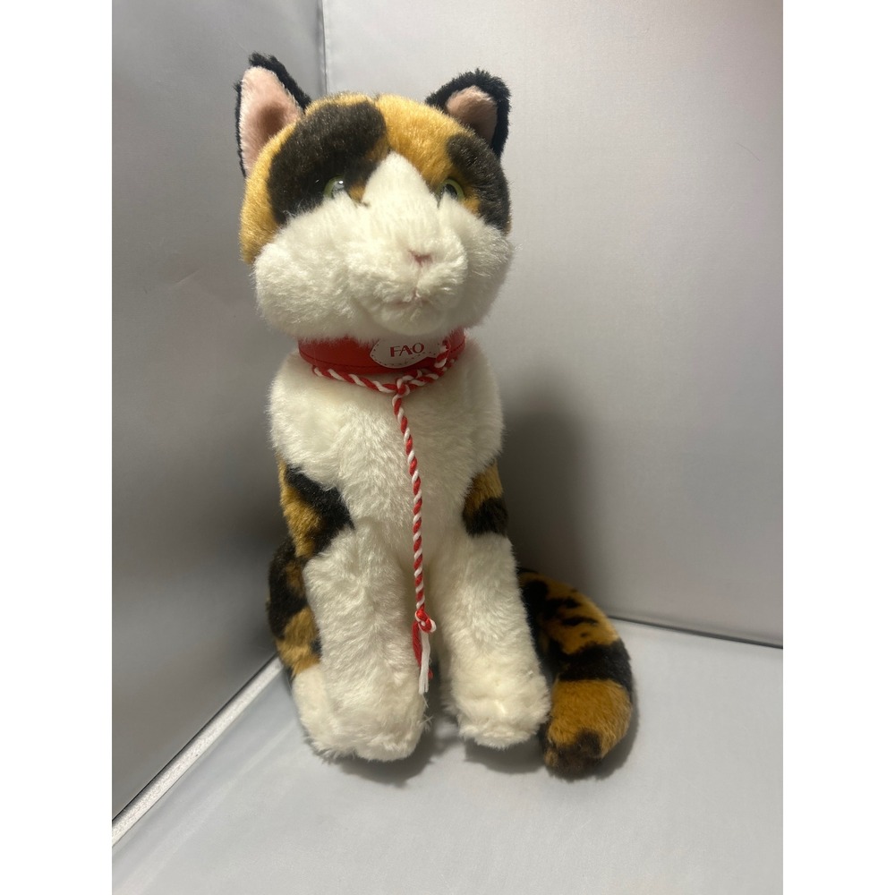 FAO Schwarz Calico Cat Plush Animal Sitting Red Collar Orange Black White